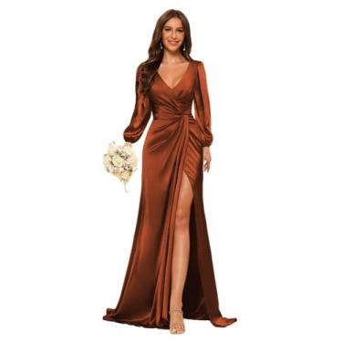 Imagem de Vestido de dama de honra YMSHA, cetim longo, manga comprida, laranja q