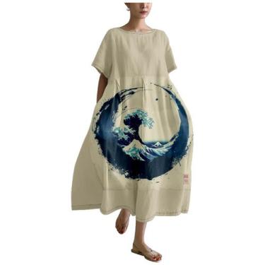 Imagem de Vestido MARSVOVO azul de linho para mulheres de verão plus size 2024