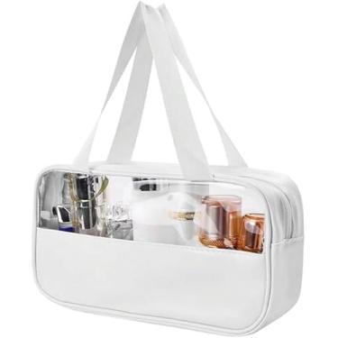 Imagem de Necessaire Transparente Grande Feminina para Viagem – Organizador Impermeável e Portátil com Zíper | Perfeita para Maquiagem, Skincare, Cosméticos e Produtos de Higiene (Branco)