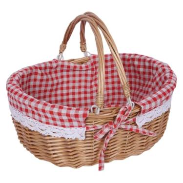 Imagem de Fenteer Cesta de com tampa, cesto de armazenamento de vime de madeira feito à mão para caminhadas ao ar livre, sanduíches de batatas fritas, Xadrez Vermelho