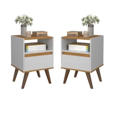 Imagem de Kit Mesa De Cabeceira Para Quarto Pés Retro 1 Gaveta (Branco/Freijó)