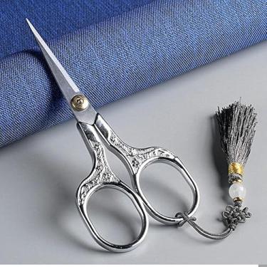 Imagem de Tesoura vintage artesanal de aço inoxidável, cabo quadrado, para uso doméstico, linha de bordado, tesoura para costura, pano de corte com nó chinês (prata)