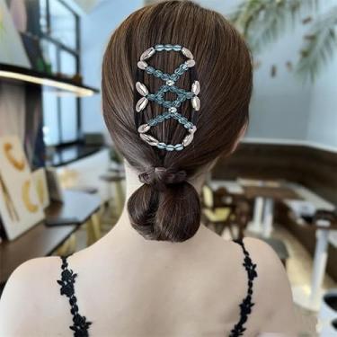 Imagem de 1 pente feminino com presilha de cabelo dupla face, presilha elegante com contas para rabos de cavalo meio acima e em cascata, acessórios de cabeça multiuso - azul