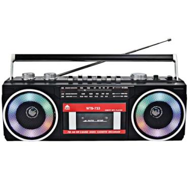 Imagem de Gravador de fita cassete com rádio AM/FM/SW, Bluetooth Boombox, USB, microfone embutido para gravação de voz, luzes coloridas RGB, conector de fone de ouvido, AC ou bateria, retrô anos 80