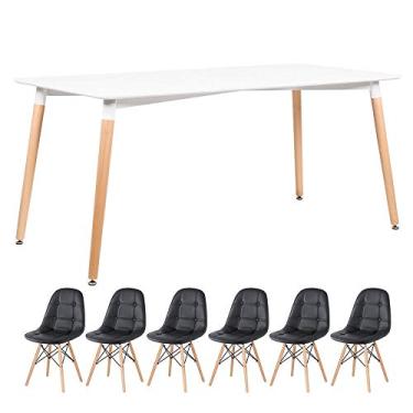 Imagem de Loft7, Kit - Mesa retangular Eames 80 x 160 cm branco + 6 cadeiras estofadas Botonê preto