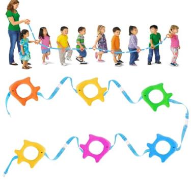 Imagem de TOFFCAEA Corda de caminhada infantil, linha de segurança pré-escolar com alças, corda de transição removível colorida para crianças de creche e jardim de infância (6 anéis de peixe de pano)