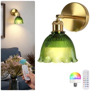 Imagem de Jaenmsa Arandela de parede vintage operada a bateria com abajur de vidro ondulado verde recarregável a bateria com controle remoto para cabeceira, quarto, banheiro, conjunto de 2