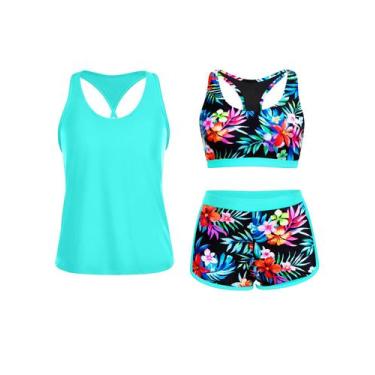 Imagem de Maiô Tankini Yonique de 3 peças para mulheres com shorts Aqua