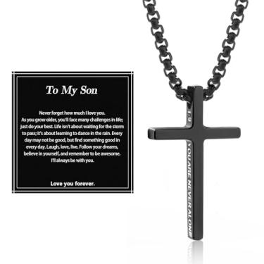 Imagem de Alissl Colar com cruz para homens e meninos, corrente com pingente de aço inoxidável 316L, versículo bíblico, religioso, cristão, presente inspirador para oração, primeira comunhão, confirmação de