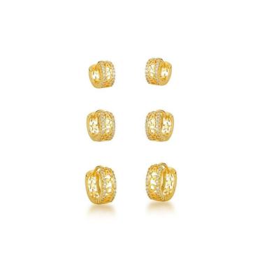 Imagem de Kit Trio De Brincos Argolas Amor Banhados A Ouro 18k