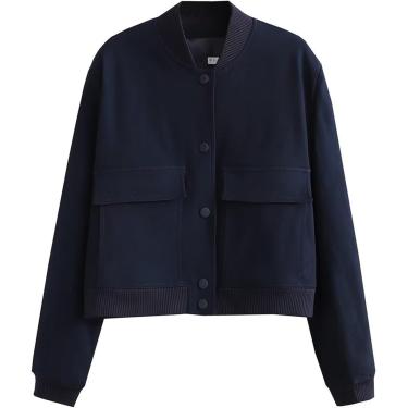 Imagem de Jaqueta Bomber Casual Feminina Cropped Com Bolsos, Gola Alta E Casaco De Manga Longa Para A Primavera Outono, Pink, L