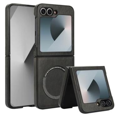 Imagem de XKchatpt Capa magnética para Samsung Galaxy Z Flip 6 suporta carregamento sem fio, capa rígida fina à prova de choque de couro PU para Samsung Galaxy Z Flip 6 (preto)