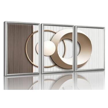 Imagem de SFXYRTAH Conjunto de arte de parede geométrica moderna, 3 peças, ouro e bege, impressões abstratas, design minimalista, pôsteres de parede para sala de estar, quarto, escritório, decoração sem moldura