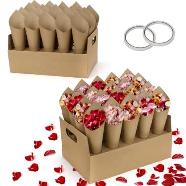 Imagem de 2 conjuntos de caixas de suporte de cone de confetes de casamento, 2 bandejas de suporte de cone de papelão de festa com 20 furos, cada uma com 40 papéis de cone kraft para casamento, festa
