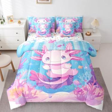 Imagem de Erosebridal Jogo de cama de casal fofo para meninas, axolotl, oceano rosa, conjunto de 7 peças, desenho animado de animais, kawaii, mundo subaquático, recifes de corais, decoração de quarto