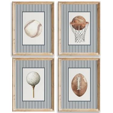 Imagem de Arte de parede de esportes de berçário, decoração de parede em tela para quarto de meninos, estampa esportiva vintage, beisebol, futebol, golfe, basquete, pôster, pintura, arte, para sala de jogos