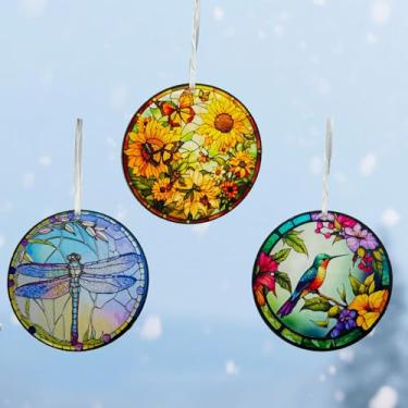 Imagem de JZZNNFEZN 3 peças de enfeites decorativos de Natal, decoração de Natal, decoração de pendurar em acrílico manchado para árvore, presentes de Natal, ideias de presente de Natal (B)