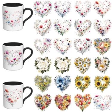 Imagem de Elewins Adesivos UV DTF - 24 folhas de flores UV DTF Cup Wrap para canecas de vidro café, decalques DIY para copos, esfregar à prova d'água em transferências para artesanato (corações de flores)