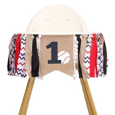 Imagem de Banner de cadeira alta de beisebol de primeiro aniversário - Decorações de primeiro aniversário de beisebol, guirlanda de tecido de gravata de pano, adereços de foto de quebra de bolo branco e