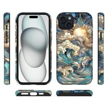 Imagem de ilikediy Capa híbrida para iPhone 15 com 2 camadas rígidas de silicone com estampa protetora - vitral ondas do oceano sol