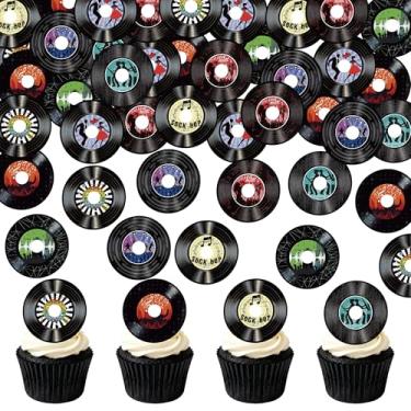 Imagem de Foowztao 48 peças de enfeite de cupcake de vinil comestível CD Cupcake Music Lover's Birthday Cake Drink Topper Decorações Rock and Roll Music Cake Decorações