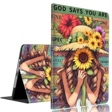 Imagem de Capa para Samsung Galaxy Tab A9+ 11'2023 modelo (SM-X210/X216/X218), capa de encaixe fino dobrável com hibernar/despertar automático, girassol menina citação inspiradora prancha de madeira