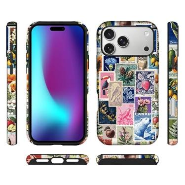 Imagem de ilikediy Capa híbrida para iPhone 17 Pro Max com 2 camadas rígidas de silicone com estampa protetora - colagem de carimbo retrô