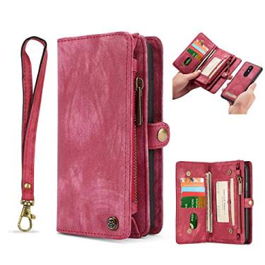 Imagem de Carteira de couro Simicoo LG Stylo 4 com zíper, compartimentos destacáveis para cartão, capa flip com alça magnética, alça de pulso, capa à prova de choque, bolso, carteira, bolsa para LG Stylo 4, LG Stylo 5, Vermelho