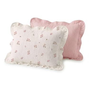 Imagem de Wimist Fronhas infantis para travesseiro de 33 x 45 cm, pacote com 2, capas de musselina para meninos e meninas com fecho de envelope (flores vintage com babados, 33 x 18 polegadas)