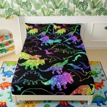 Imagem de QOOMO Jogo de lençol infantil com desenho animado de dinossauro, leve para todas as estações, preto para decoração de quarto, 1 lençol com elástico, 1 lençol de cima, 2 fronhas
