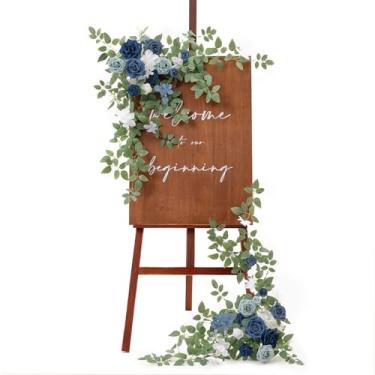 Imagem de Ling's moment 2 peças de guirlanda de flores de casamento, decoração de arco floral artificial, arranjos de rosa verde e azul marinho, cerimônia, recepção, jardim, cavalete de parede, entrada ao ar