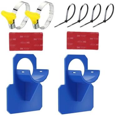 Imagem de Kit de suporte de mangueira de piscina, pacote com 2 grampos de metal ajustáveis, alças pretas, fitas adesivas, suportes de plástico azul para suporte de mangueira de piscina acima do solo e