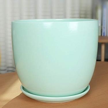 Imagem de Vasos de cerâmica para suculentas para ambientes internos e externos com bandeja de bambu, vaso de cacto, vaso de plantas, vasos de flores com drenagem para todas as plantas domésticas (verde-fosco