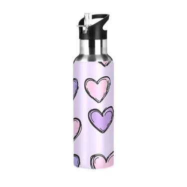 Imagem de Wassud Garrafa de água fofa padrão de coração garrafa de água esportiva de aço inoxidável com canudo garrafas de água isoladas copo portátil de viagem 946 ml