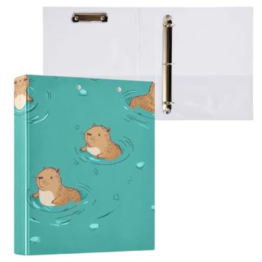 Imagem de Qilmy Organizador de fichário redondo de capivara de desenho fofo, fichário de 3 anéis com prancheta para material de escritório escolar 546