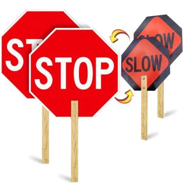 Imagem de Estleys Pacote com 2 placas Stop Slow Sign, 33.0 cm x 33.0 cm, placas de proteção de cruzamento de alumínio com alça, placas refletivas de dupla face, impermeável, resistente ao clima