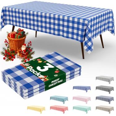 Imagem de misaya Pacote com 3 toalhas de mesa descartáveis de búfalo, 137 x 272 cm, toalha de mesa de plástico impermeável retangular branca e azul para piquenique, aniversário, festa