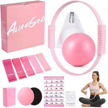 Imagem de ALongSong Equipamento de Pilates com anel de pilates, bola de pilates, blocos de pilates, slide de pilates, faixas de resistência, pôster de treinamento. Perfeito para exercícios em casa