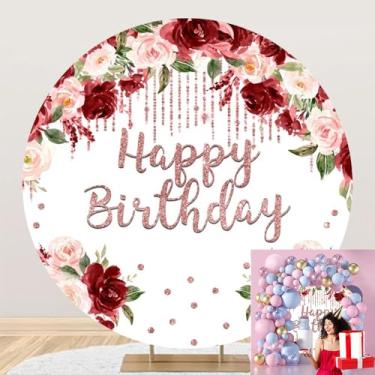 Imagem de OERJU Capa de fundo floral de feliz aniversário com flores bordô para fotos de aniversário para mulheres, meninas, decoração de festa de aniversário, círculo, cenário de arco, para cabine fotográfica