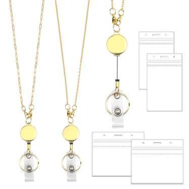 Imagem de Cordão retrátil Satrry para crachás de identificação, colar de cruzeiro dourado fofo com suporte de identidade, carretel resistente à água, clipe para mulheres professoras (2 peças)