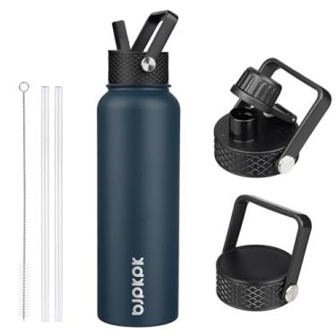Imagem de BJPKPK Garrafas de água isoladas com tampa de palha, aço inoxidável 1,2L, 3 tampas, à prova de vazamento, BPA-free, garrafa térmica para esportes e academia - Azul marinho