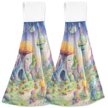 Imagem de TSENQUE Whimsical Scene Aliens Fantásticas Toalhas de Mão de Cozinha Personalizadas com Laço Pendurado Forno Toalhas de Chá Absorventes Bonito Toalha de Cozinha Conjunto Decorativo de 2, 45 x 35 cm