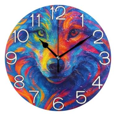 Imagem de GAIGEO Relógio de parede analógico decorativo relógio de cozinha rústico redondo sem tique-taque silencioso, decoração de parede vintage, sala de estar, pintura colorida de lobos, 25 cm, ponteiros