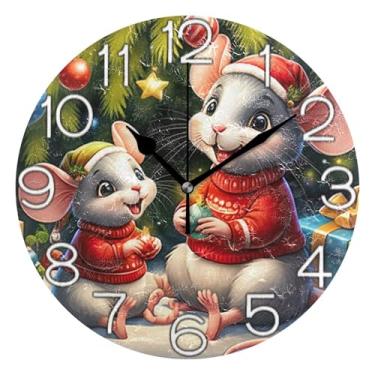 Imagem de GAIGEO Lindo mouse relógio de parede de Natal analógico decorativo escritório cozinha relógio redondo sem tique-taque silencioso, decoração de parede vintage sala de estar, 25 cm, ponteiros pretos