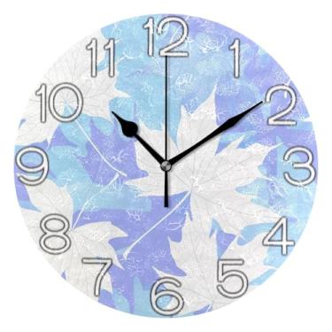 Imagem de Relógio de parede decorativo analógico redondo sem tique-taque silencioso relógio de cozinha de escritório, decoração de parede de sala de estar moderna, folhas de bordo azul pastel branco claro, 25