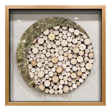 Imagem de BrightA Arte de natureza emoldurada quadrada 3D - Metal pátina dourado encontra textura circular de bloco de madeira maciça, decoração de parede minimalista contrastante para espaços calmos 80 cm x 80