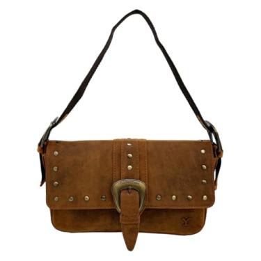 Imagem de Myra Bag Bolsa de ombro feminina de couro ocidental - Bolsa Yellowstone oficialmente licenciada com tachas de latão, Marrom escuro