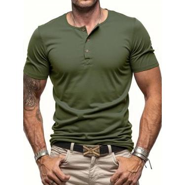 Imagem de Camiseta Masculina Slim Fit De Manga Curta Com Gola Henley, Cor Sólida