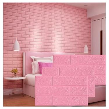 Imagem de Kit Placas Adesiva Tijolinho 3D Revestimento Autocolante Decoração Quarto Sala Banheiro Impermeável (Kit 20 Placas Adesivas Tijolo Rosa, 70x38,5)