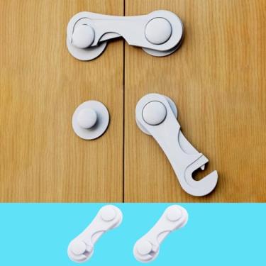 Imagem de Fechaduras de porta de armário para proteção de bebês, pacote com 2, com adesivo, sem perfuração, para gavetas, armários de geladeira e despensa